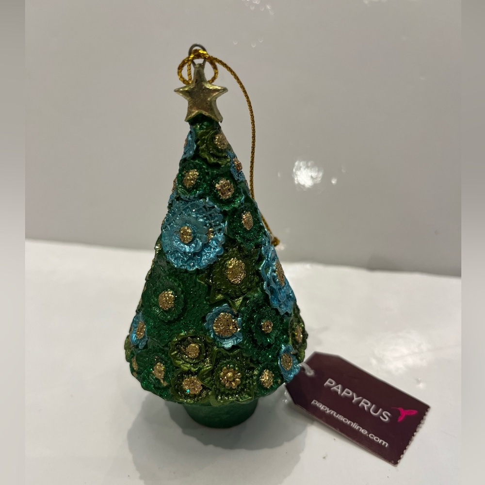 Papyrus Christmas Tree Shaped Hanging Ornament Green Blue And Golds.